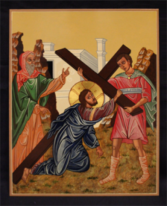 Iconographer Julie Green modeled her Stations of the Cross on historic Greek figures. Jesus’ blue robes signify his humanity, while the grass on the ground points to his role as creator. (Submitted photo)