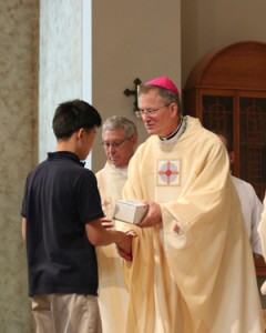 Bishop Paul Sirba, of the Diocese of Duluth, celebrated the Chrism Mass for the Diocese of Superior Tuesday, March 24, at the Cathedral of Christ the King, Superior. Here, he makes a presentation of oils.