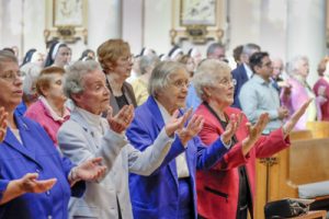 Mercy Sisters Mary Ann Smith, Thomasetta Mogan, Janice Brink and Ellen Curl pray during an Oct. 30 Mass at the Cathedral of the Incarnation in Nashville marking the 150th anniversary of service by the Sisters of Mercy in Tennessee. (CNS photo/Rick Musacchio, Tennessee Register)